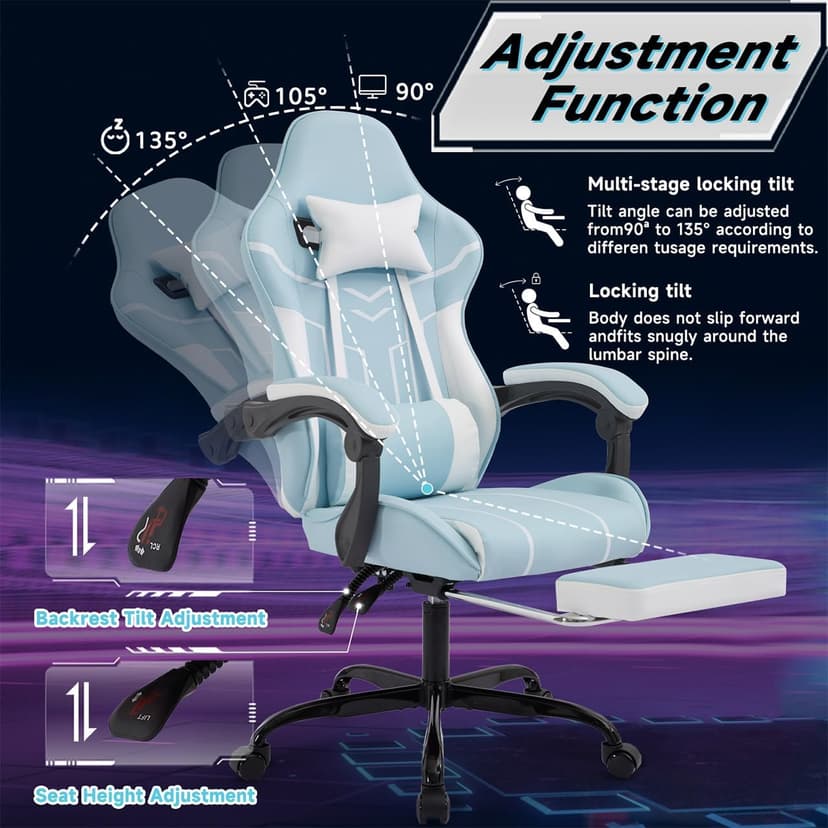 Gaming Desk Chair for Adults, Ergonomic Gaming Chair with Footrest & Headrest and Lumbar Support, Leather Material Height Adjustable Computer Video Game Chairs (Blue+White)