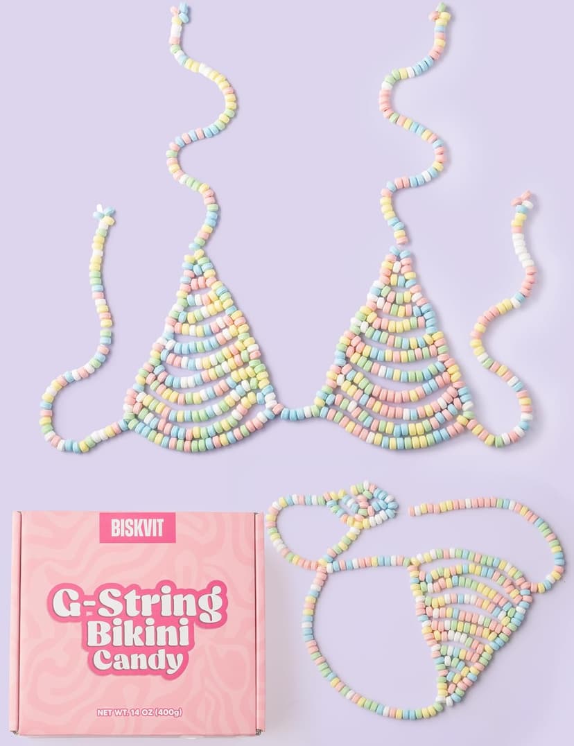 BISKVIT Candy Bikini Bra and G String Set for Women, 2 Piece Set. Favorite Bachelorette Gift for Bride, Bridal Shower Gag Gifts, Funny Outfit for Halloween and Costume Parties B0F348B917