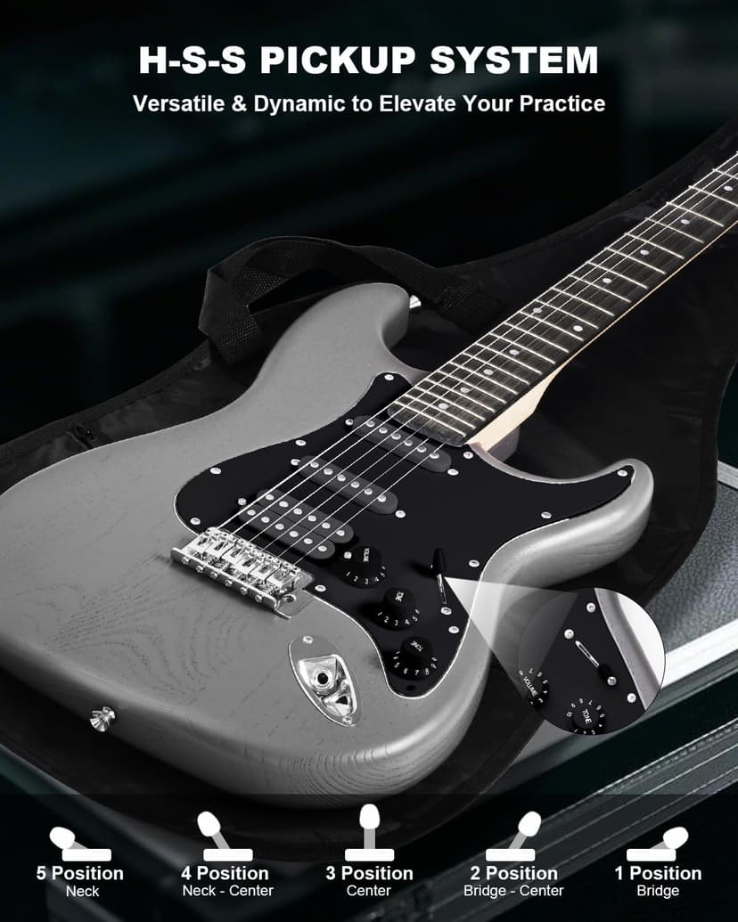 RVONE RST-150 39" Beginner Electric Guitar Kit with Amp & HSS Pickups | Complete Starter Set for Newcomers w/Essentials | Gig Bag, Extra Strings, Digital Tuner, Capo, Strap | Home Practice (Black)