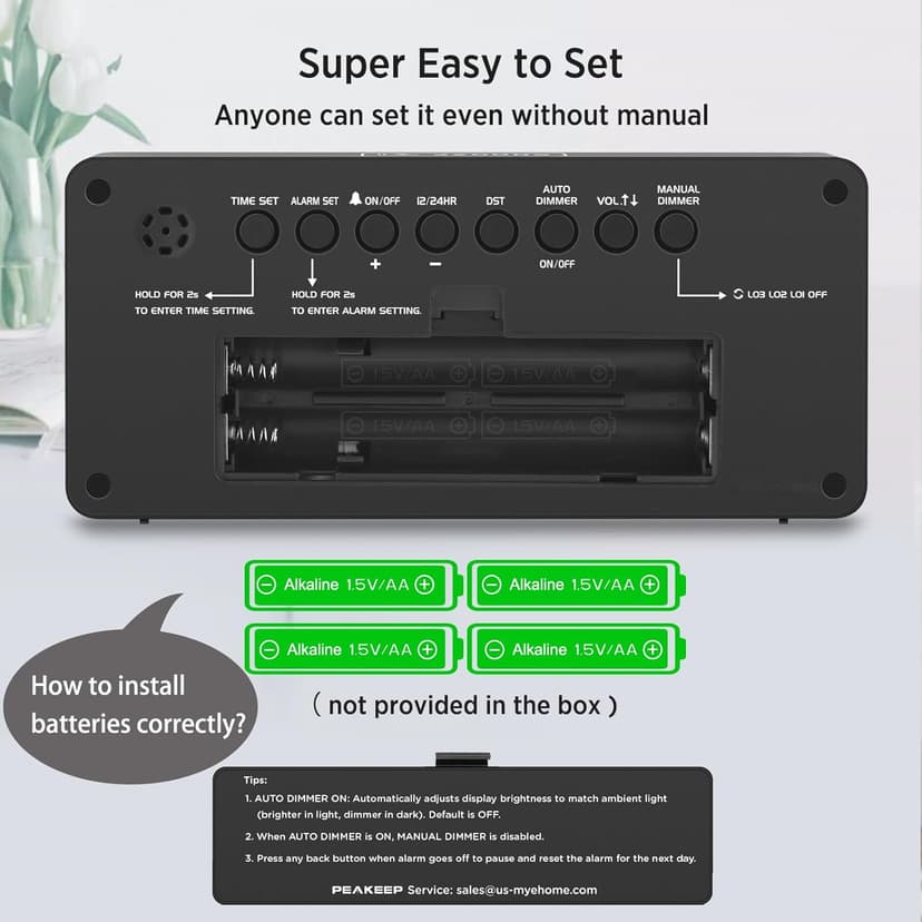 Peakeep Battery Operated Digital Clock, Alarm Clock for Bedrooms - Cordless Large Big Numbers 4 Dimmers for Seniors, Adjustable Volume Loud Alarm Clock for Heavy Sleepers Adults (Red Digits)