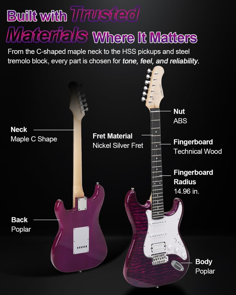 UST-200 Beginner Electric Guitar Kit HSS Pickup, Versatile 5-Way Switch for Clean to High-Gain Tone, Full-Size ST Style Guitar for Starter & Intermediate Players, Gig Bag, Digital Tuner Purple