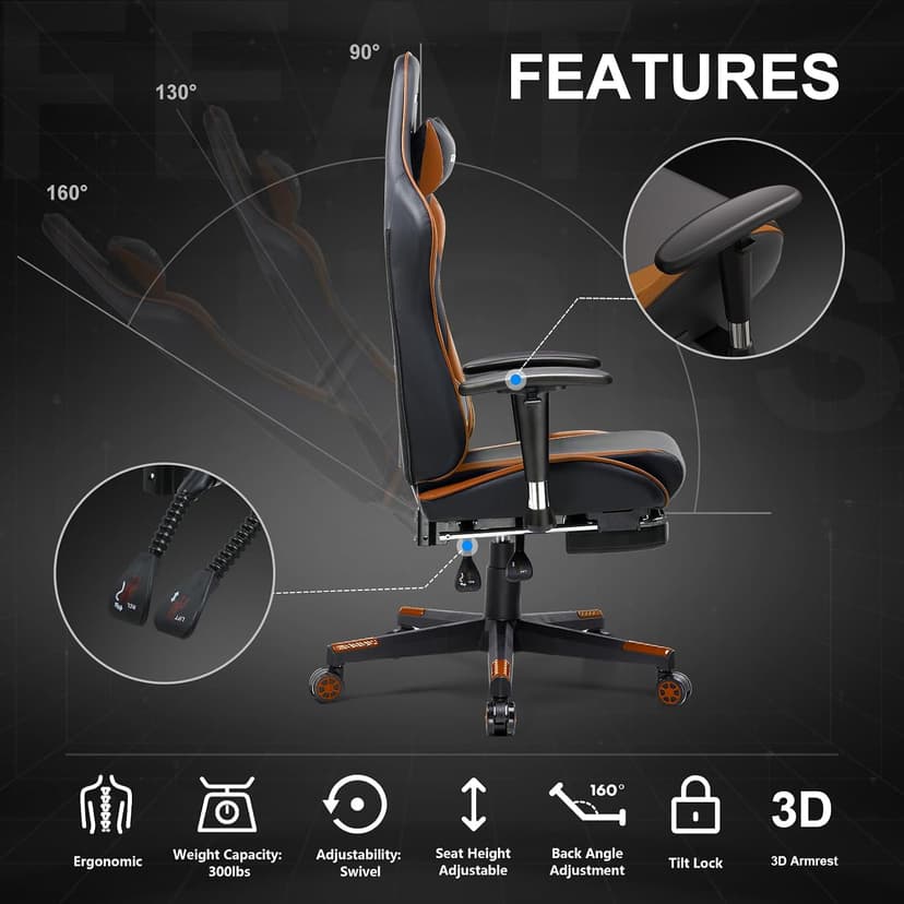 GTPLAYER Gaming Chair with Footrest, Ergonomic Computer Game Desk Chair, Recline Gaming Chair Seat Height Adjustment, Swivel Rocker with Headrest and Lumbar (Brown)