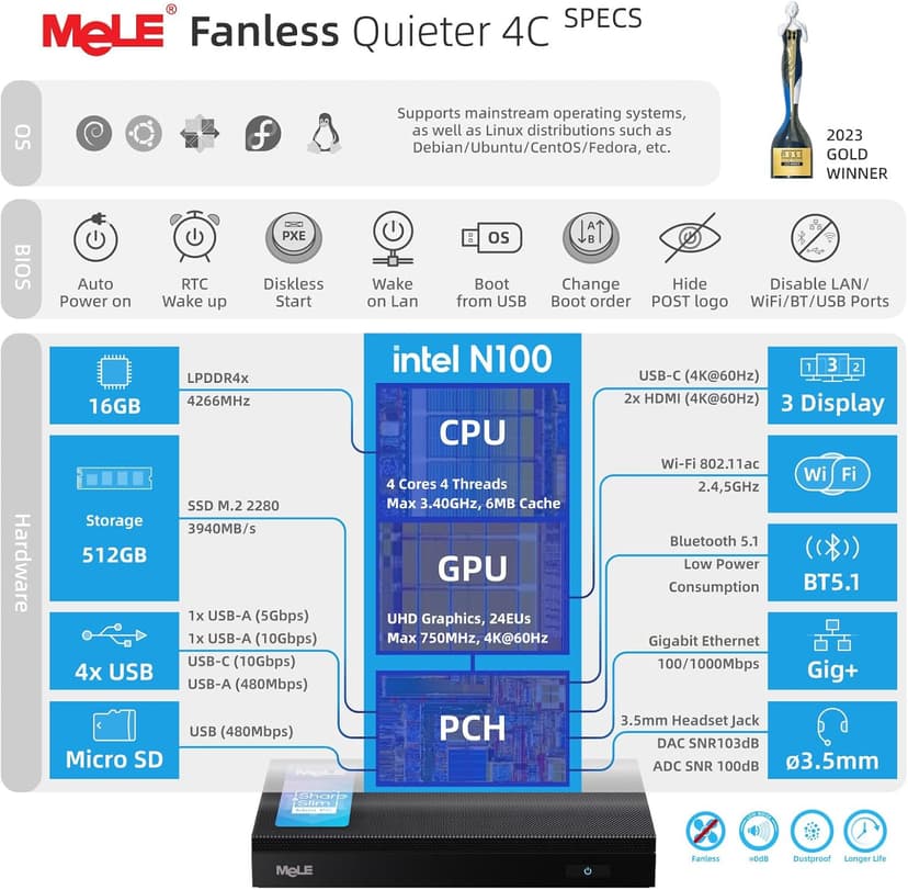 MeLE Fanless Mini PC Quieter 4C, N100 16GB RAM 512GB Storage Win 11 Mini Computers, Micro PC with Full-Functional USB-C, 2.4G/5G WiFi, 4K Triple Screen on Home, Office, Education, Astrophotography