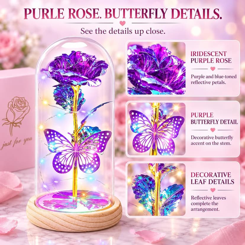 QUNPON Mothers Day Rose Gifts for Mom Flowers Rose Gifts for Women,Birthday Gifts for Women,Purple Butterfly Flowers for Mom Mother Day Flower Gifts from Daughter Son,Gift for Sister,Her,Grandma,Wife