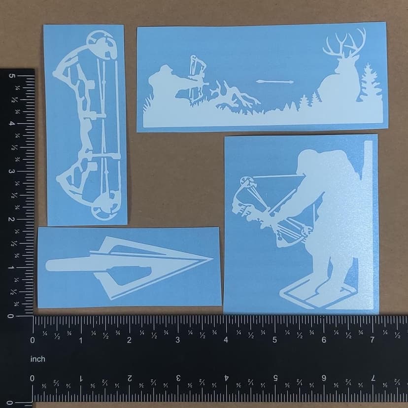 Bow Hunting Decal 4 Pack: Compound Bow, Tree Stand, Arrow Head, Hunting Scene Decals (Small ~3.5", White)
