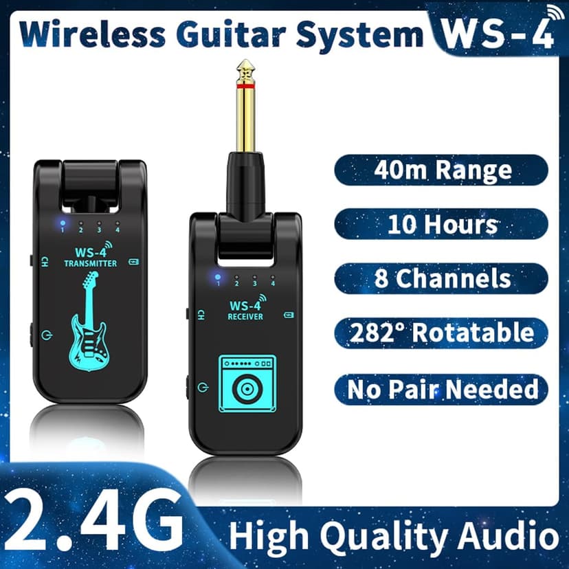Wireless Guitar System 2.4 GHz with 8 Channels Rechargeable Audio Wireless Guitar Transmitter Receiver for Electric Guitar Bass Electric Wind Instruments,48K/16bit Real-time Transmissio (Black)