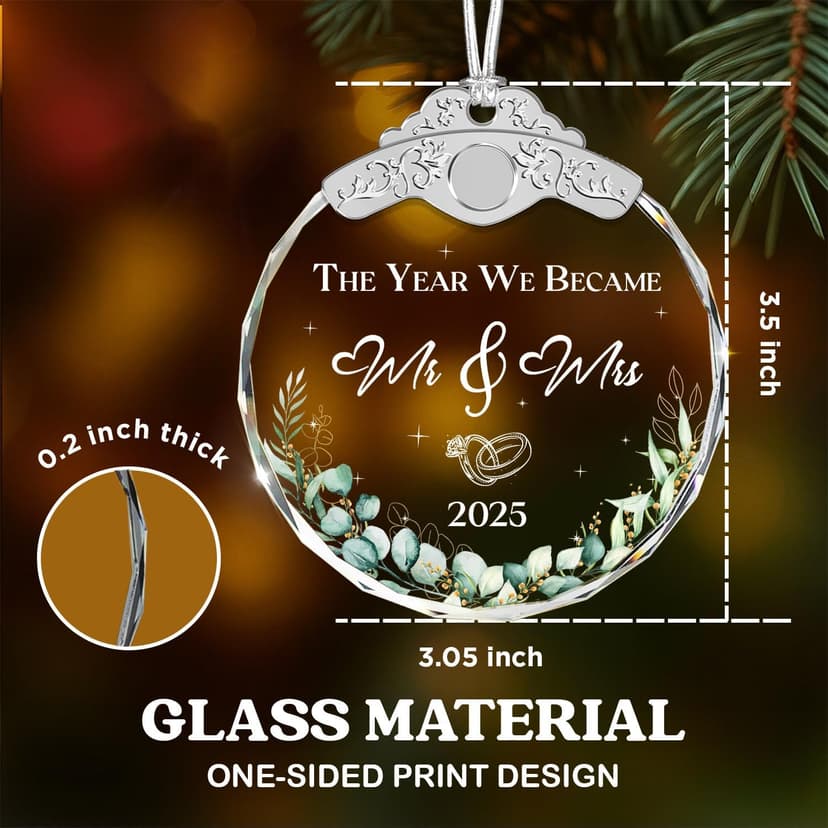 Glass Ornament - Mr & Mrs 2025 Wreath Leaf Wedding Ornaments - Newlywed Gifts for Couples 2025 - Couple Ornament for Bride and Groom - Elegant Engagement Keepsake for Christmas Tree Décor