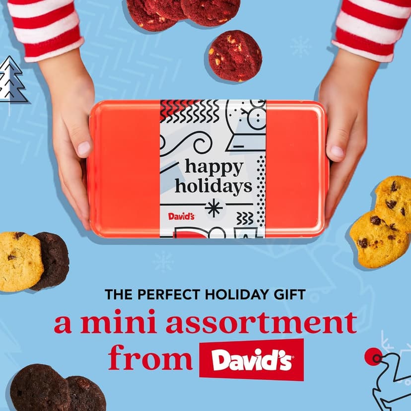 David's Cookies Happy Holidays Mini Cookies in Sweet Sampler Tin - Assorted Mini Christmas Cookies with Chocolate & White Chocolate Chip and Red Velvet - Gourmet Cookie Gift Basket for Christmas 14oz