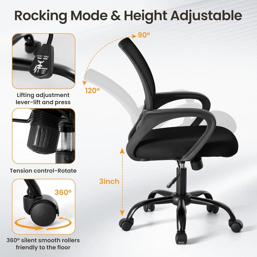OLIXIS Office Desk Chair - Ergonomic Mid Back with Lumbar Support & Rocking Mode, Height Adjustable with Fixed Armrest, Storage Back for Computer, Gaming, Conference, Meeting, 360° Swivel, Black