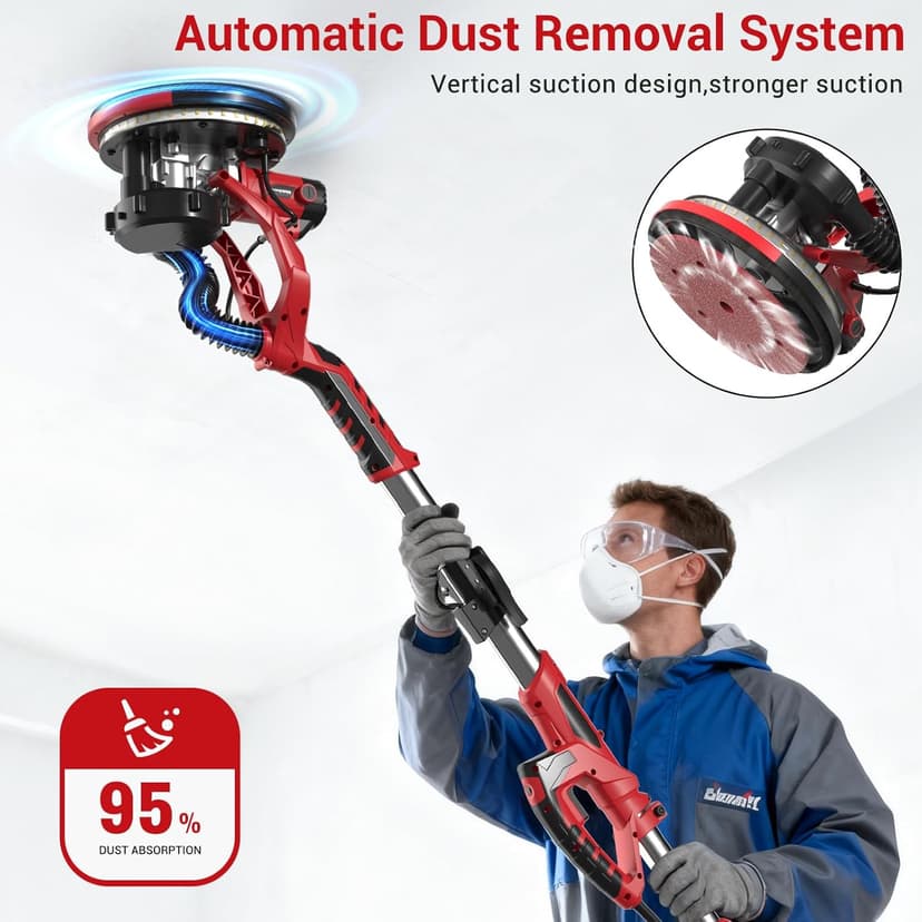 Drywall Sander, Popcorn Ceiling Removal Tool, 1000W Drywall Sander with Vacuum Dust Collector, 6 Variable Speed 500-2000rpm, 18pcs Sanding Discs, Led Light, Foldable & Extendable Handle