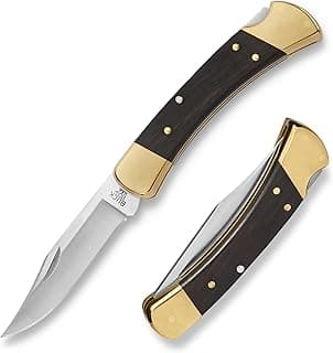 Buck Knives 110 Folding Hunter Knife, 3-3/4" Blade, Lockback Design, Ebony Handle, Brass Bolsters, 420HC Stainless Steel Clip Point Blade, Sheath Included, Hunting Knife Made in the USA, 7.2 oz