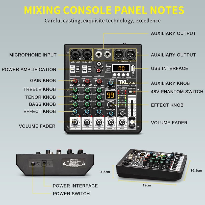 TKLBLS 4 Channel Audio Mixer, Professional DJ Mixer Sound Board Mixing Console with 99-Bit DSP Effect, Bluetooth USB Interface Stereo Mixer Board with 48V Phantom Power For Recording Live Stream
