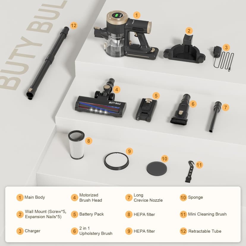 BUTY BULU Cordless Stick Vacuum Cleaner, 30KPa Handheld 2200mAh Rechargeable Battery Lightweight Small Vac Electirc Broom, 40Mins Runtime for Home Hard Floor Carpet Pet Hair Cleaning, LED Screen