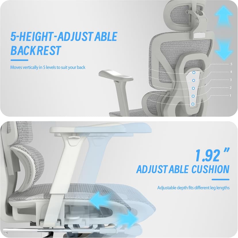 Ergonomic Office Chair with Footrest, High Back Mesh Computer Chair with Lumbar Support, 5-Level Backrest Height, 4D Flip-Up Arms for Home & Gaming Desk (Gray Mesh 3-Zone Lumbar Support+4D Armrest)