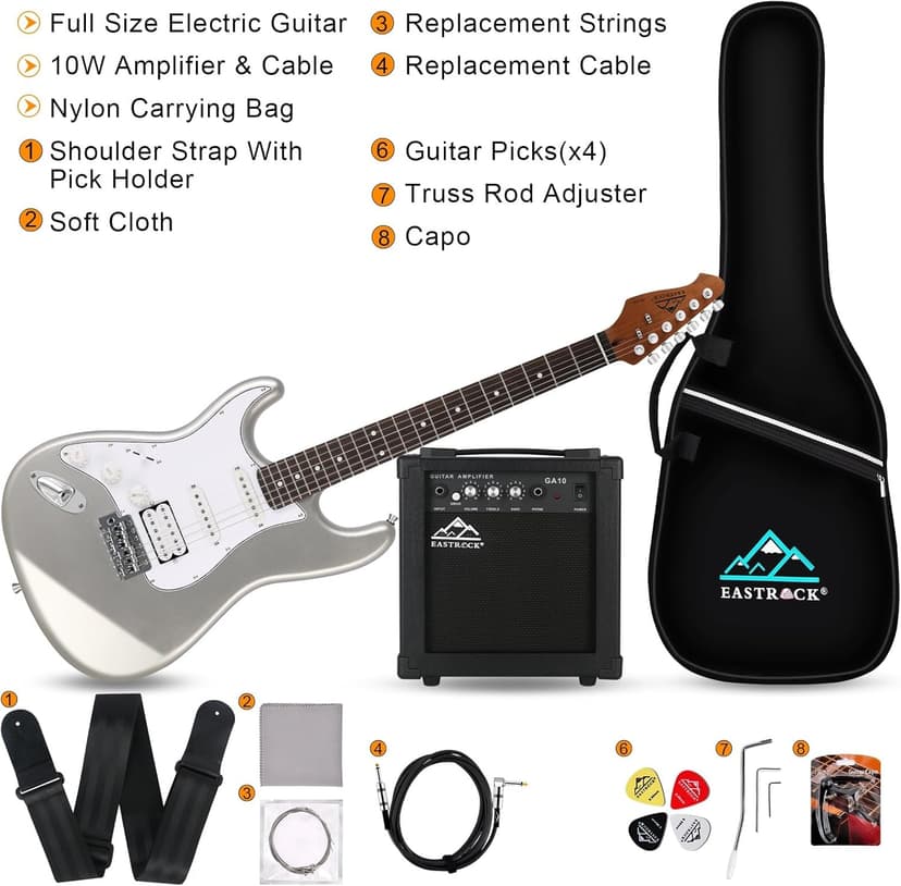 EASTROCK 39 inch Full-Size Electric Guitar Kit for Beginner Starter with 10w Amp, Bag, Capo, Shoulder Strap, String, Cable, Picks.(39" Left Handed, Silver Gray) Not Contain a Battery
