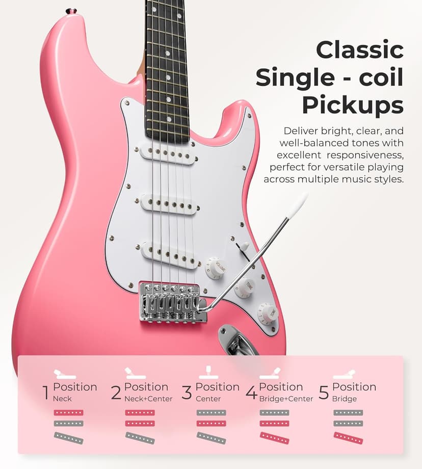 Vangoa 39 Inch Full Size Electric Guitar Beginner Kit Solid Body SSS Pickups with Amp, Bag, Tremolo Bar, Strings, Tuner, Picks, Strap, Capo, Cable for Starter Girls Adults Teens, Petal Pink