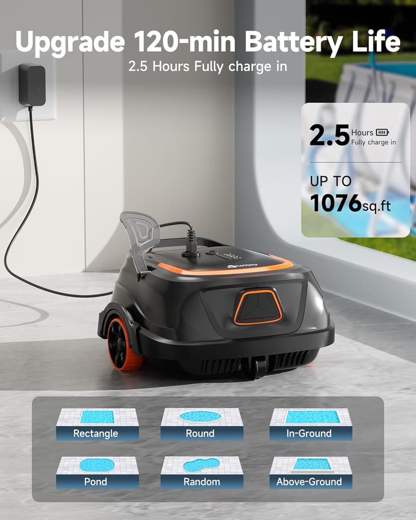 Robotic Pool Vacuum for Above Ground Pools, Dual Filters, Self-Parking, 120-Min Runtime & 2.5h Fast Charging, Powerful Suction, Ideal for Flat Pools up to 1076 sq.ft (Black Tangerine)