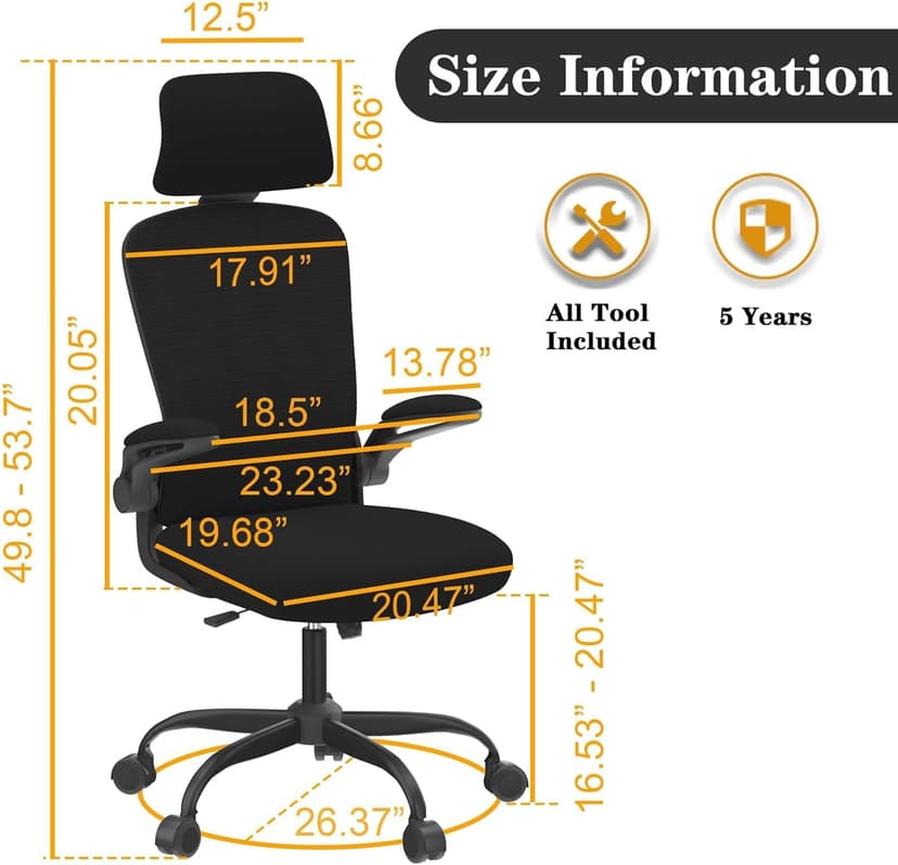 Ergonomic Office Chair for Long Hours Sitting – Back & Neck Pain Relief, Adjustable Lumbar Support & Headrest, High-Density Foam Seat, Ideal for Work & Home Office, Black