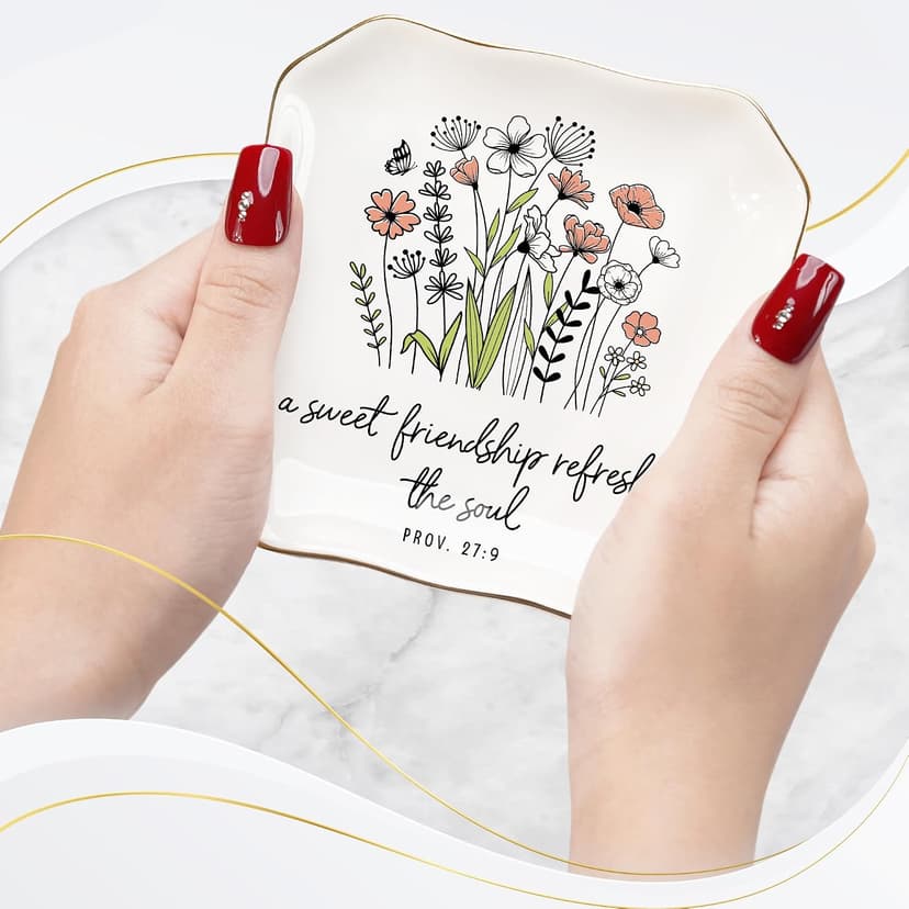 Soul Sister Gift for Women Christian - Sweet Friendship 4.5"X4.5" Floral Ceramic Jewelry Dish Tray - Tricket Dish HEXMOZ Friendship Gifts for Women Friends - Best Friend Birthday Gift Ideas B0FHHBVHR6