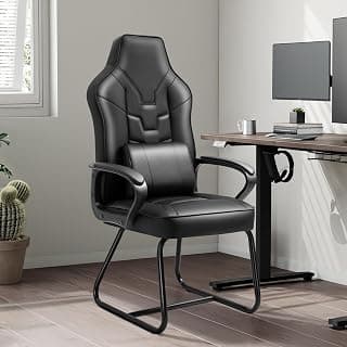 Leather Office Guest Chair No Wheels High Back Computer Reception Chairs with Padded Arms Waist Pillow for Gaming Meeting Conference Waiting Room, Black
