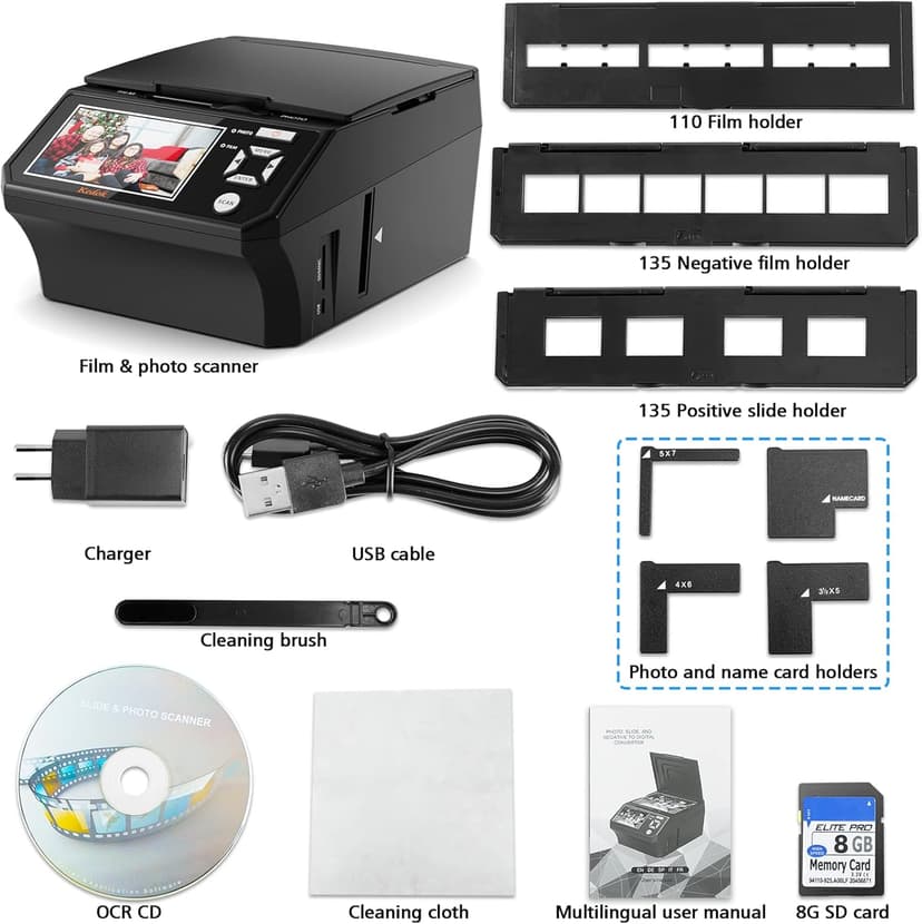KEDOK Photo,NameCard,Slide & Negative Scanner with Large 5" LCD Screen,Film and Slide Digitizer-Convert 35mm,110 Film/Photo(3R,4R,5R)/NameCard to 22MP Digital JPEG-8GB SD Card Included