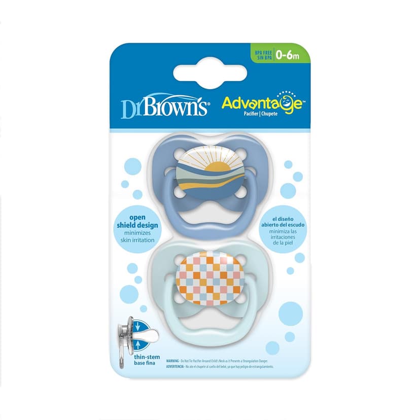 Dr. Brown's Advantage Baby Pacifier, Fully Symmetrical Soother with Soft Silicone Bulb, Blue Sunrise, 0-6m, BPA Free, 2 Pack