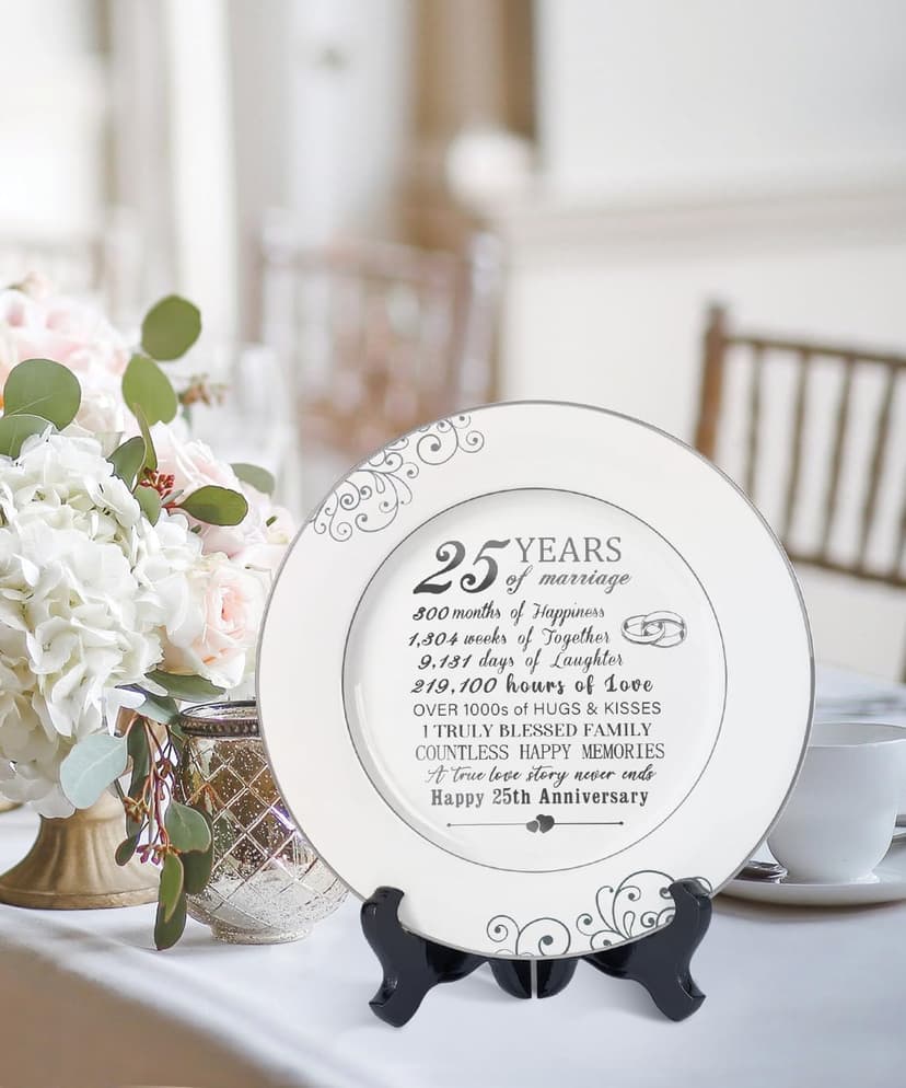 25th Anniversary Plate with Platinum Foil - Silver 25 Year Marriage Anniversary Wedding Gifts for Couple Her Him Husband Wife, 9"