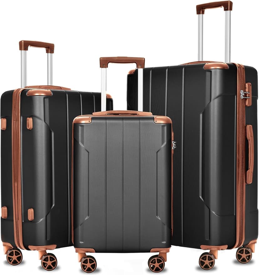 Merax Luggage Sets 3 Piece Hardshell 8 Spinner Wheels Lightweight Suitcase Corner Guards Travel Luggage (Black brown 20IN 24IN 28IN)