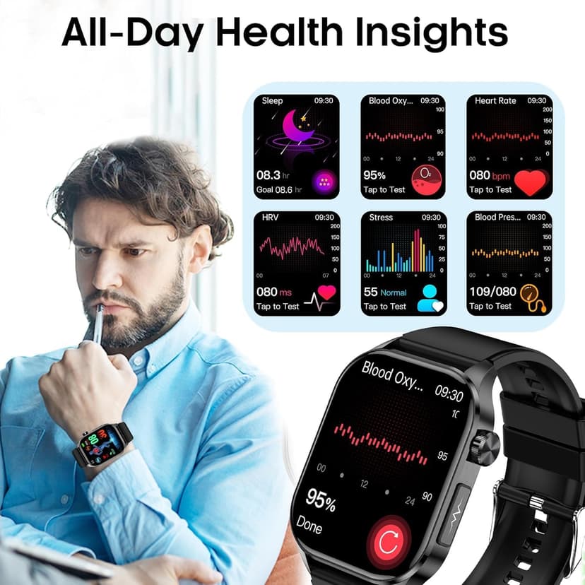 Advanced Health Smartwatch for Women Men with Real-Time Monitoring of Heart Rate, Blood Oxygen, Body Temperature, Blood Pressure, Sleep Auality and Stress Levels.Always-On Display, for Android & iOS