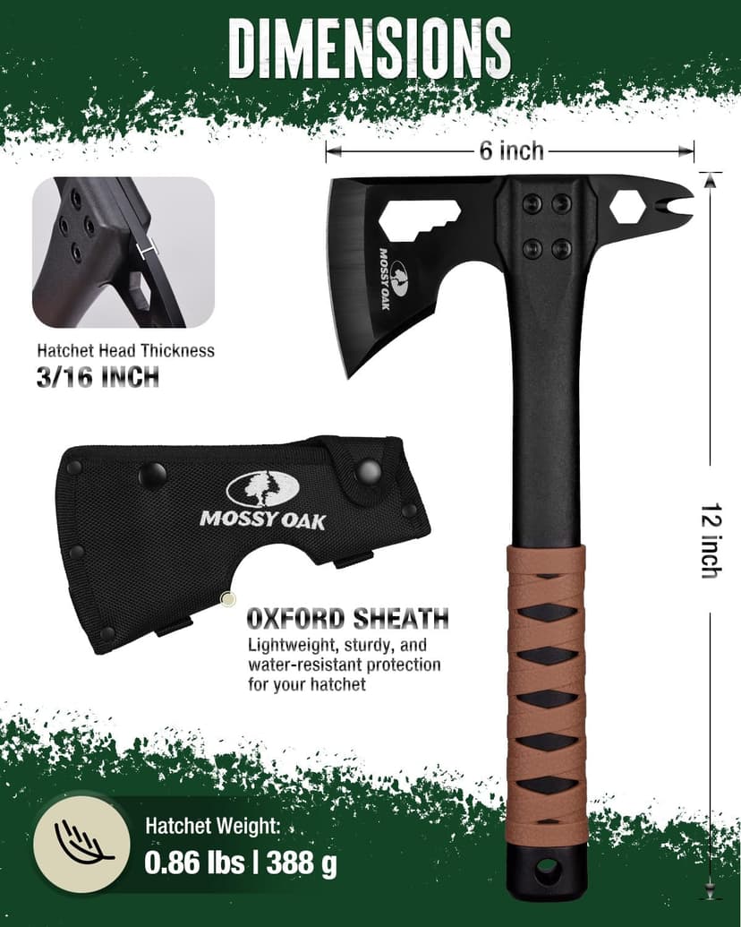 MOSSY OAK 12" Camping Axe and Survival Hatchet with Sheath, Compact Outdoor Multitool Hatchet with Hex Wrench Slots, Non-Slip Dual-Color Handle, Small Camping Gear for Hiking, Chopping, Hunting