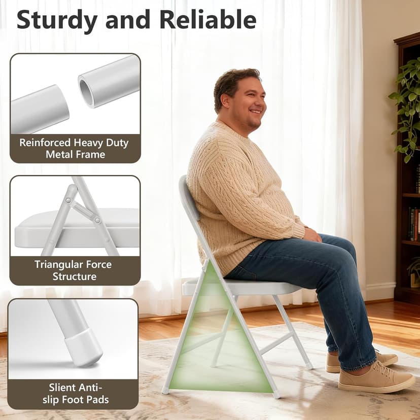 Folding Dining Chairs Set of 2 - Modern PU Leather Folding Chairs with Cushion Seat & Back Metal Legs Kitchen Chairs Folding Chair Set for Kitchen/Living Room/Bedroom/Parties (White)