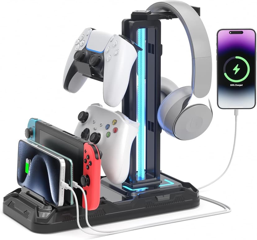 KDD Headset Stand with Charging Station - Detachable Controller Holder with 9 Light Modes - Rotatable Headphone Hanger with USB A&C Charger Ports - Earphone Hook for PC Gaming Accessories Storage B0DGGH8KN1