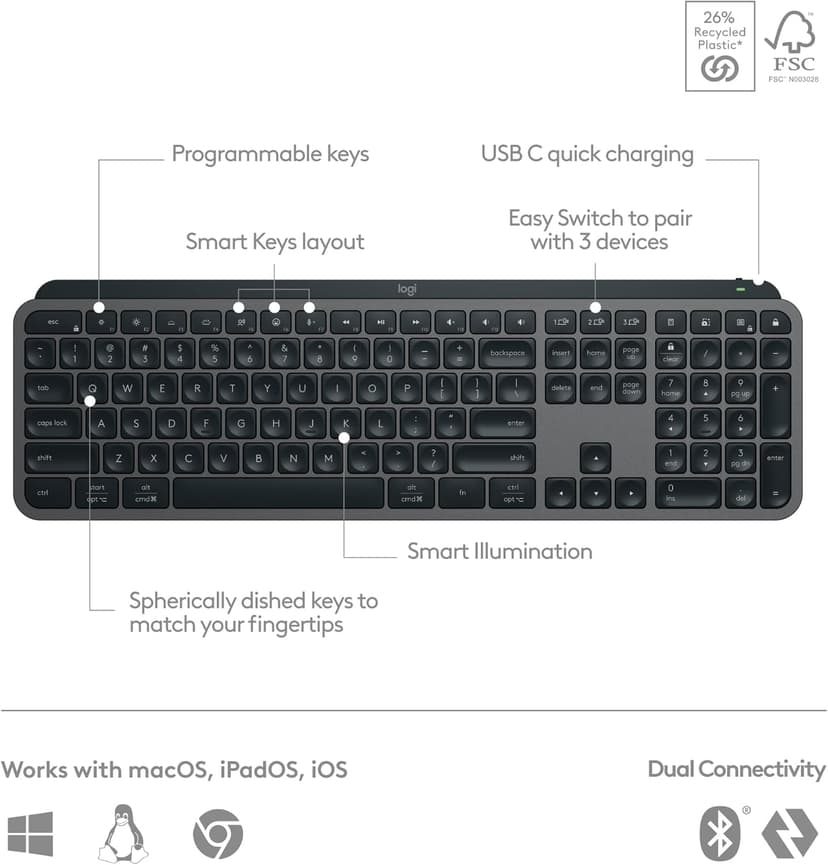 Logitech MX Keys S Wireless Keyboard, Low Profile, Fluid Precise Quiet Typing, Programmable Keys, Backlighting, Bluetooth, USB C Rechargeable, for Windows PC, Linux, Chrome, Mac - Graphite