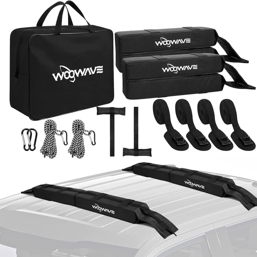 WOOWAVE Folding Kayak Soft Roof Rack Pads Universal Kayak Carrier Car Rack with 4 Tie Down Straps, 2 Tie Down Rope, 4 Carabiner, 2 Quick Loop Strap and Storage Bag for Canoe/Surfboard/Paddleboard/SUP