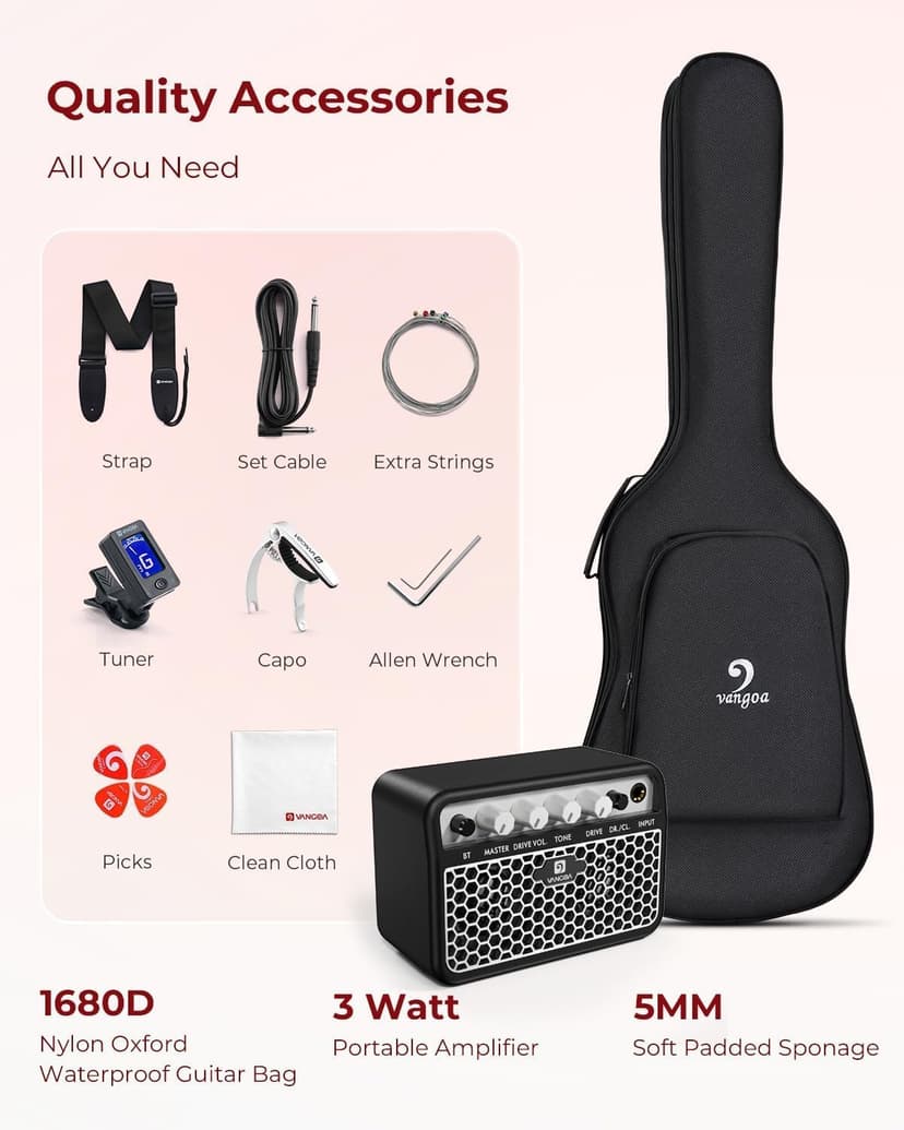 Vangoa 39 Inch Full Size Electric Guitar Beginner Kit Solid Body SSS Pickups with Amp, Bag, Tremolo Bar, Strings, Tuner, Picks, Strap, Capo, Cable for Starter Girls Adults Teens, Petal Pink