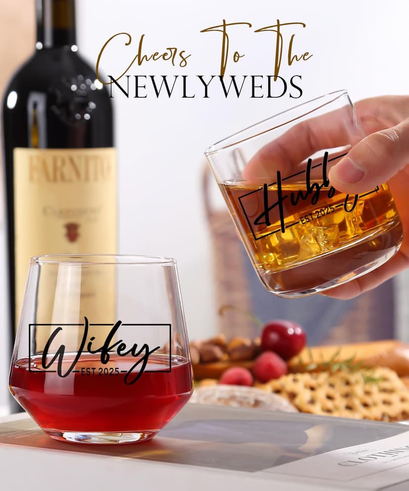 Christmas Gifts for Couples 2025,Wedding Gift, Wifey and Hubby Glasses Set,Bridal Shower Gifts for Bride and Groom, Newly-Married Anniversary for Him and Her，Mr and Mrs Gift，His and Hers Glass