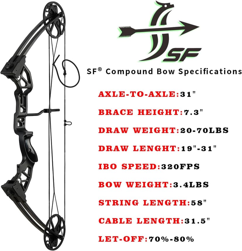 S F Archery Compound Bow Package for Adults and Teens,Shooting Practice Archery Hunting Accessories Hunting Gear，19”-30” Draw Length，20-70 Lbs Draw Weight，320 fps，Right Handed