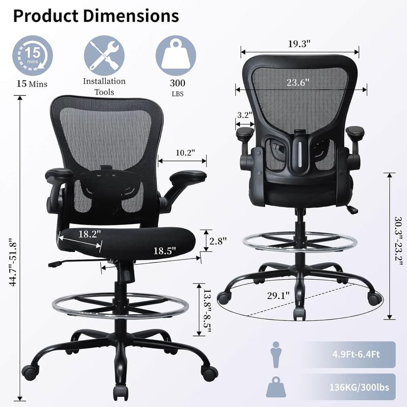 Drafting Chair, Ergonomic Tall Office Chair for Standing Desk, Counter Height Desk Chair with Adjustable Padded Armrests and Footrest Ring Standing Desk Chair Adjustable Height with Lumbar Support