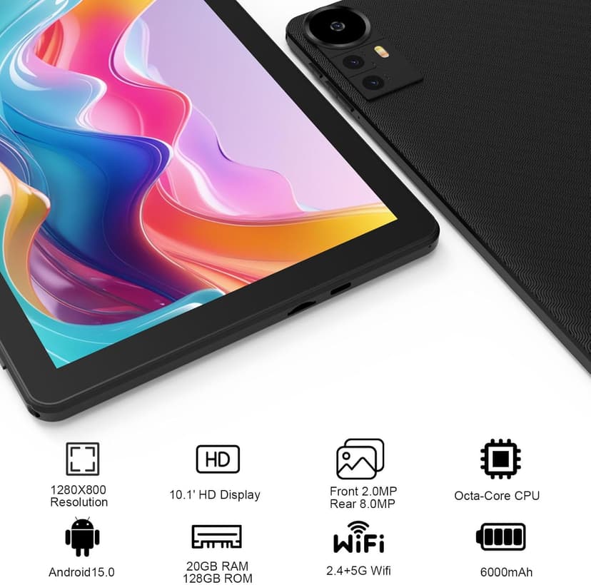 CUPEISI Android 15 Tablet 10 Inch, 20GB RAM+128GB ROM/2TB Expandable, 2.0GHz Quad-core Processor, 1280*800 HD Screen, 5G WiFi6 BT 5.0, 2 in 1 Tablets with Keyboard Case Mouse Stylus, Widevine L1 Black