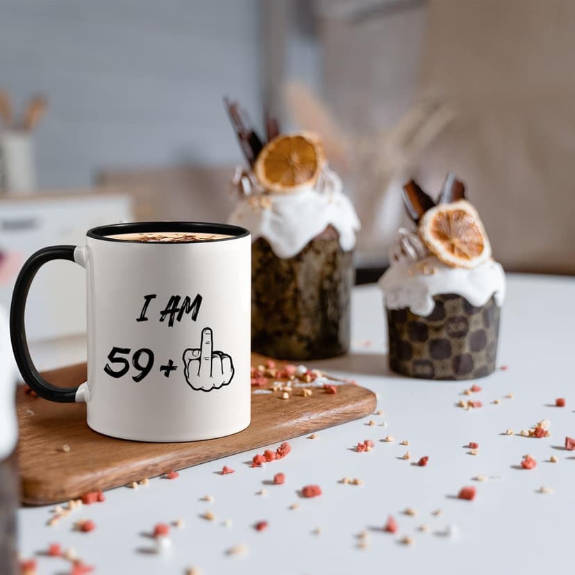 YHRJWN - 60th Birthday Gifts for Men Women, I Am 59 Plus Middle Finger Coffee Mug for Dad Mom Friends, Birthday Gift Ideas for 60 Year Old Woman, White 11 Oz Mug with Black Handle
