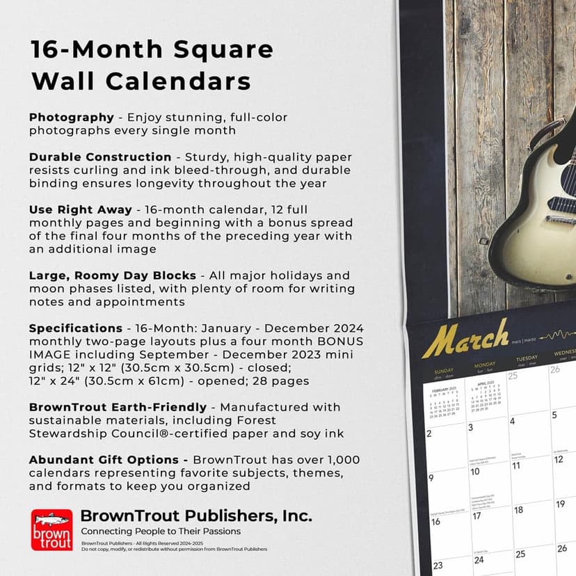 Electric Guitars | 2025 12 x 24 Inch Monthly Square Wall Calendar | Foil Stamped Cover | Plastic-Free | BrownTrout | Instrument Entertainment