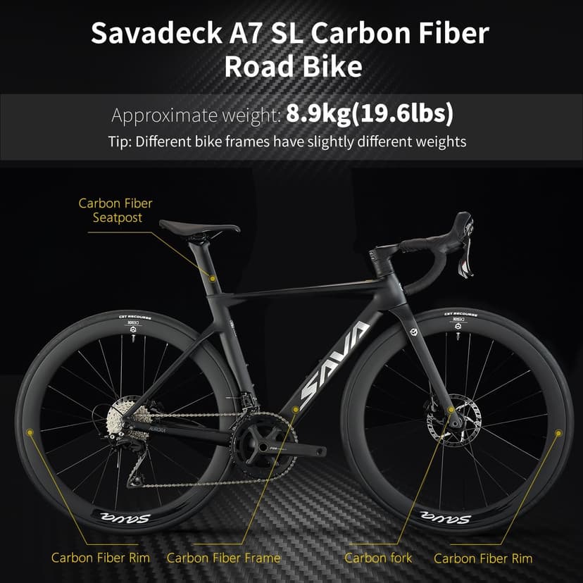 SAVADECK A7L Carbon Road Bike, T800 Carbon Fiber Frame 700C Racing Bicycle with Shimano 105 R7100 24 Speed Groupset and Hydraulic Disc Brake, Ultra-Light Carbon Bike for Man and Women