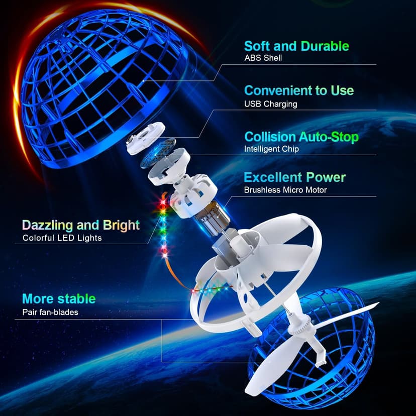 Ivtivfu Flying Orb Ball (Blue, 2026 Upgraded) with Dazzling Lights, Magic Hover Spinner, Cool Boomerang Drone, Floating Cosmic Globe, Kids Toys Gifts for 6 7 8 9 10 Year Old Boys Girls