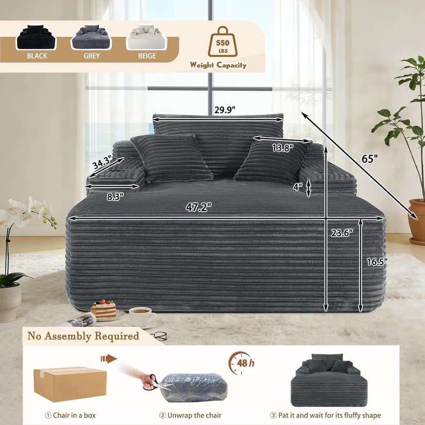 Kurhwyss Oversized Chaise Lounge Chair with Cup Holders and Pockets, Corduroy Single Sleeper Couch with 3 Pillows, Upholstered Boneless Sofa Comfy Reading Chair for Living Room Bedroom (Grey)