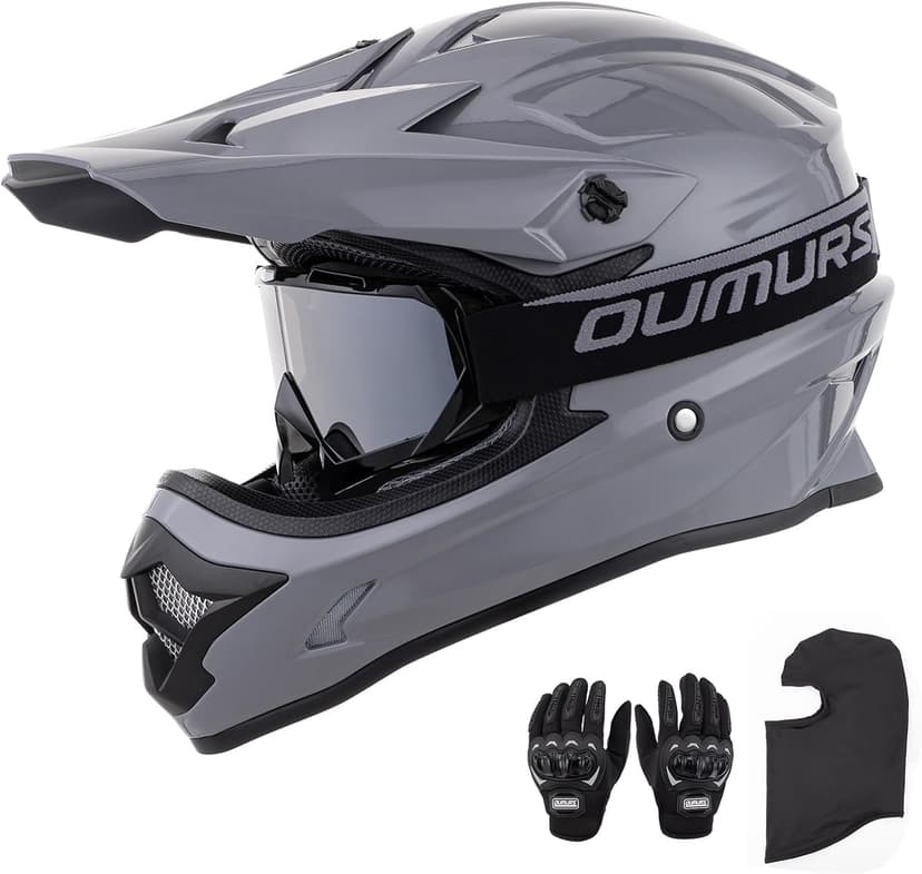 OUMURS Adult ATV Dirt Bike Helmet with Goggles Gloves & Mask Adjustable Sun Visor Motorcycle Adult Helmet Off-Road Motocross Downhill Moped MX for Unisex-Adult-Gray, L