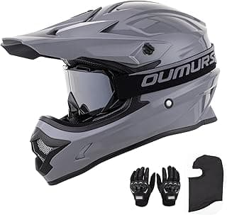 OUMURS Adult ATV Dirt Bike Helmet with Goggles Gloves & Mask Adjustable Sun Visor Motorcycle Adult Helmet Off-Road Motocross Downhill Moped MX for Unisex-Adult-Gray, L