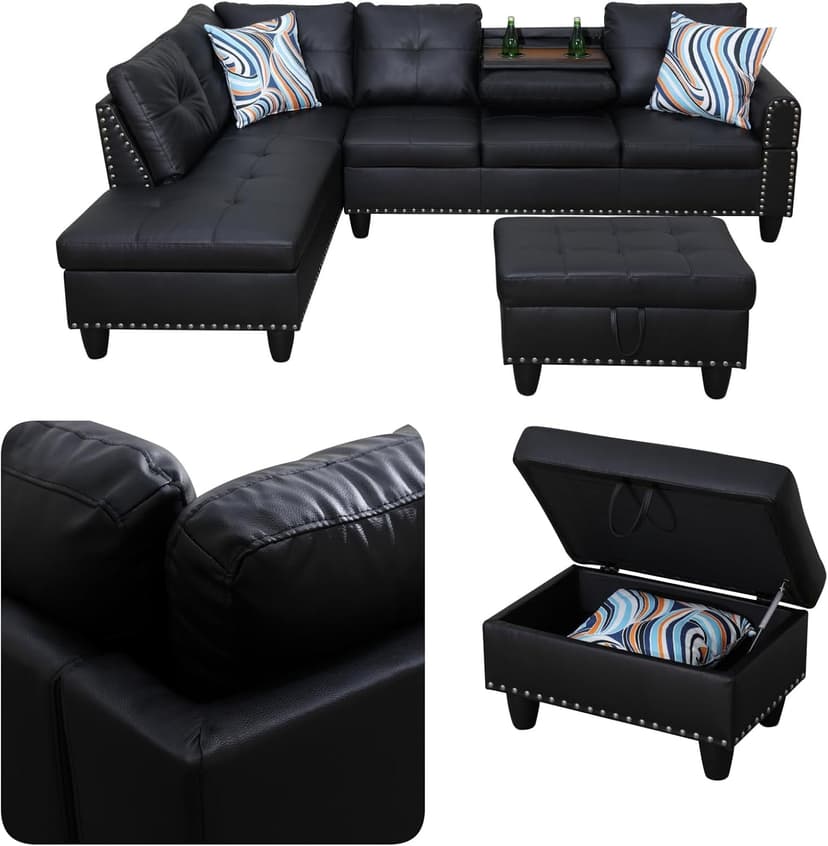 Topcomfy 97.5" L Shaped Couch Set, Modular Sectional Couches for Living Room with Storage Ottoman, 4 Seat Home Sofa Living Room Furniture Sets with Chaise for Apartment Office (Leather, Black)