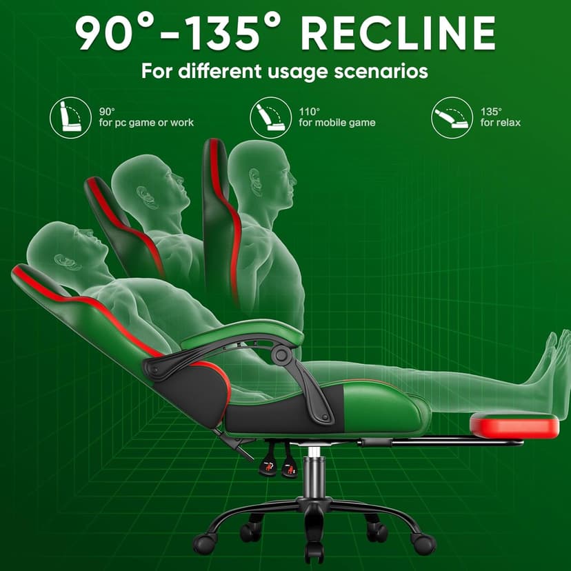 Czlolo Gaming Chair, Lumbar Support Massage Computer Chair, High Back Gamer Chair, with Footrest and Headrest, Lumbar Pillow, Recline, Wide Seat, Gaming Chairs for Christmas/Birthday Gifts, Green