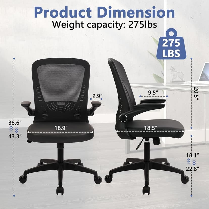 CLATINA Desk Chairs with PU Leather Seat, Flip Up Arms Ergonomic Mesh Back Office Chair with Lumbar Support, Adjustable Height Swivel Rolling Computer Chairs for Home Conference Meeting, Black, 8 Pack