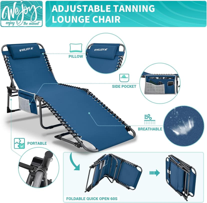 #WEJOY Folding Lounge Chair Outdoor, 5-Position Adjustable Sunbathing Tanning Chair with Shoulder Strap & Side Pocket, Heavy Duty Reclining Chair for Patio Pool Camping, Portable Folding Bed Cot,Blue